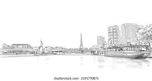 Zeichnung des Eiffelturms. Seine. Paris, Frankreich. handgezeichnete Vektorgrafik