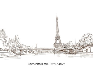 Eiffel Tower sketch drawing. Seine river. Paris, France. Hand drawn vector illustration
