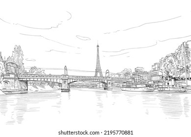 Dibujo de la Torre Eiffel. Río Sena. París, Francia. Ilustración vectorial dibujada por mano