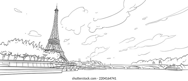 Eiffel Tower sketch drawing  Seine river  Paris  France  Hand drawn vector illustration
