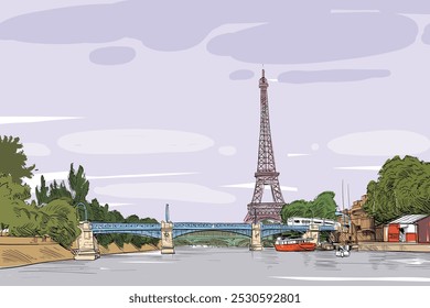 Eiffelturm-Skizze. Seine. Paris, Frankreich Handgezeichnete Vektorgrafik