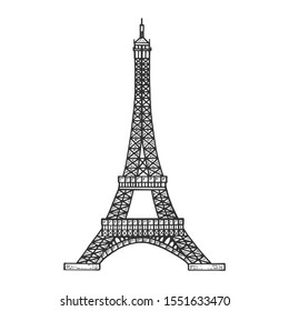 Eiffel tower sketch engraving vector illustration. Scratch board style imitation. Black and white hand drawn image.