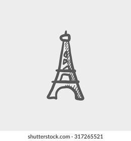 Icono de esbozo de la Torre Eiffel para web, móvil e infografía. Icono de gris oscuro vector dibujado a mano aislado en fondo gris claro.