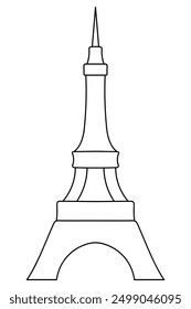 Eiffel Tower. Sketch. Paris landmark. Vector illustration. Outline on isolated background. Coloring book for kids. Metal construction with spire on end. Idea for web design.