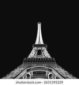 Torre Eiffel esboçada em preto e branco se ergue contra um pano de fundo escuro, exalando elegância intemporal. Os detalhes intrincados destacam a estrutura de treliça da estrutura icônica.
