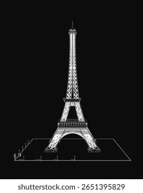 A Torre Eiffel esboçada em preto e branco destaca-se contra um fundo escuro, exibindo a sua intrincada estrutura de treliça de ferro. O icônico marco de Paris é renderizado com detalhes finos e elegante.
