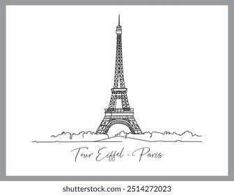 Vista da Torre Eiffel. Marco de Paris. Ilustração em estilo linear sobre fundo branco. 