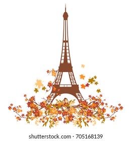 Eiffel tower and small bird among autumn branches - fall season in Paris vector design