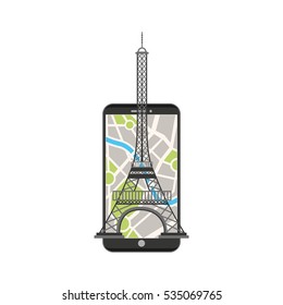 eiffel tower and smartphone device with city map on screen over white background. tourism and travel concept. colorful design. vector illustration