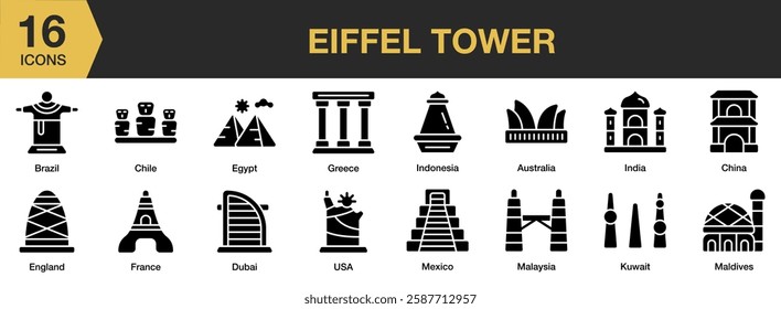 Eiffel Tower solid icon set. Includes architecture, france, building, eiffel, tower, and More. Solid icons vector collection.