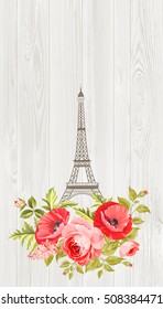 Eiffel tower with spring blooming flowers over gray wooden pattern. Romantic invitation card. Vector illustration.