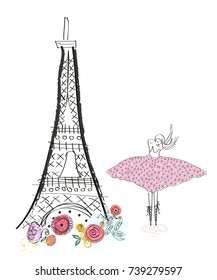 Eiffel tower and spring flowers and ballet dancer. Hand drawn vector illustration greeting card