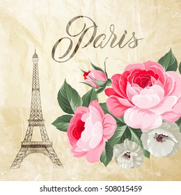 Eiffel tower with spring flowers painted over old paper background. The floral elegant card. Eiffel tower symbol with spring blooming flowers for wedding invitation. Vector illustration.