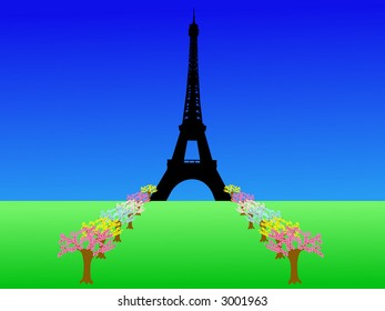 Eiffel Tower and springtime blossom on trees