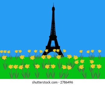 Eiffel tower in springtime with daffodils illustration