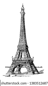 Eiffel Tower stands 984 feet high, top of the tower, second-tallest structure, first and second levels, vintage line drawing or engraving illustration.