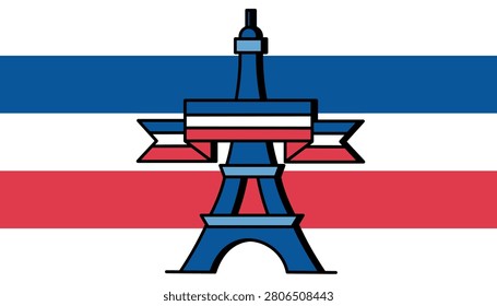 Eiffel Tower stands bold, centered against striped banner. Blue, white, and red form striking backdrop. Iconic structure merges with national colors. Symbolizes Parisian pride and cultural heritage