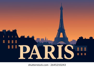 A Torre Eiffel ergue-se orgulhosamente contra o horizonte parisiense durante o pôr do sol, oferecendo uma bela silhueta e uma perfeita vista romântica da cidade
