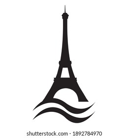 Eiffel Tower stylized silhouette with Seine river waves. Paris vector capital landmark. France.