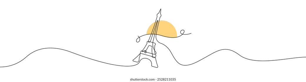 Eiffel tower with sun icon line continuous drawing vector. One line Eiffel tower icon vector background. France Eiffel tower icon. Continuous outline of a Eiffel tower icon.