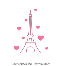 Eiffel Tower surrounded by hearts, perfect for romantic themes, Valentines Day, love, travel, and Paristhemed designs. Iconic landmark.