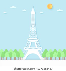 Eiffel tower surrounded by trees, blue sky and sun, paper art style
