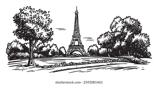 eiffel tower surrounded by trees in park in sketch style