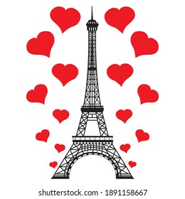 Eiffel Tower surrounded with red hearts. I love Paris design. France, Europe travel. Vector illustration.
