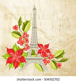 Eiffel tower symbol with Euphorbia flowers isolated over gray background. The christmas star card. Vector illustration.