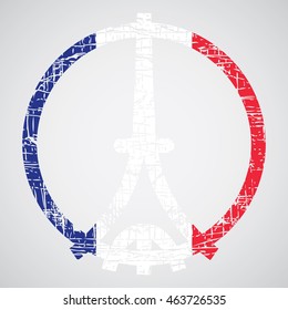 Eiffel Tower symbol of France on French tricolour flag background.