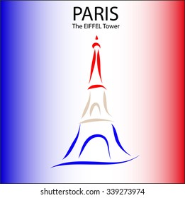 EIFFEL tower, symbol of Paris, FRANCE, vector illustration in blue, white, red with french flag colors gradient in background