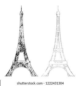 eiffel tower textured outline - Paris symbol black and white vector design set