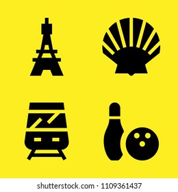 eiffel tower, train, bowling and shell vector icon set. Sample icons set for web and graphic design
