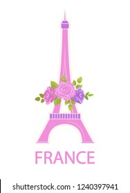 Eiffel Tower travel famous world sight decorated by flowers icon. Popular European landmark from Paris. Metal construction of France symbol vector isolated