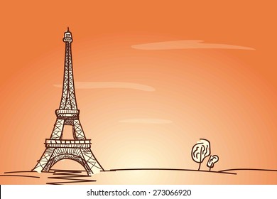 Eiffel tower and trees on delicate orange background, sketch  vector illustration