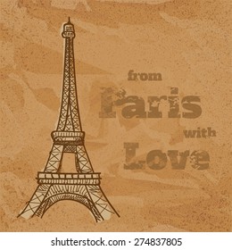 Eiffel tower and trees on textured brown background, sketch  vector illustration