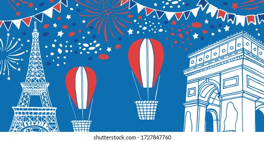 Eiffel tower and Triumphal arch. Bastille Day composition with air balloons, fireworks and flags. Hand drawn vector sketch illustration