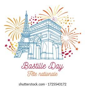 Eiffel tower, Triumphal arch and fireworks. Bastille Day design template. Title in French National celebration. Hand drawn vector sketch illustration