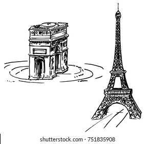 Eiffel tower, Triumphal Arch. Hand drawn set.