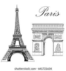 Eiffel tower and Triumphal Arch (Landmarks of Paris, France) vector isolated hand drawing illustration in black color on white background