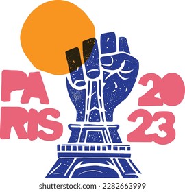 Eiffel tower turning into a fist symbolising the 2023 demonstrations about pensions in Paris