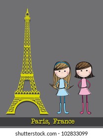 eiffel tower with two girls over gray background. vector illustration