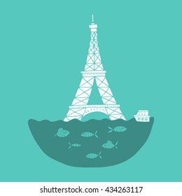 Eiffel Tower under the water. Paris flood. Flooded symbold of France.