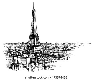 Eiffel tower in the urban environment - hand drawn vector illustration, isolated on white