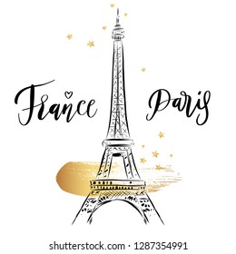 Eiffel Tower vector drawing illustration. France, Paris lettering romantic art with gold stars on white background. Fashion sketch.