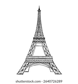 Torre Eiffel. Gráficos vetoriais, ilustração desenhada à mão em preto e branco. Isole em um fundo branco. Vistas da França. Para folhetos, banners e cartões postais, convites, cartazes e adesivos e impressões