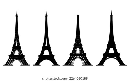 Iconos vectoriales de la Torre Eiffel. Símbolos de atracción turística de Francia mundialmente famosos. Monumento arquitectónico internacional aislado de fondo blanco