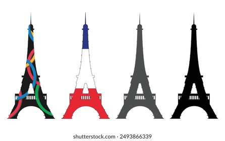 Eiffel Tower Vector illustration in 4 different colors, Eiffel tower Silhouette set, France, Paris