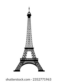 Ilustración vectorial de la Torre Eiffel silueta negra aislada sobre fondo blanco.