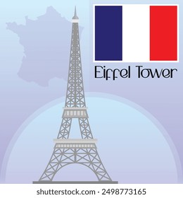 Eiffel Tower Vector Illustration Clipart, World Famous Places Art, France Map and Flag Vector, Wonder of the World